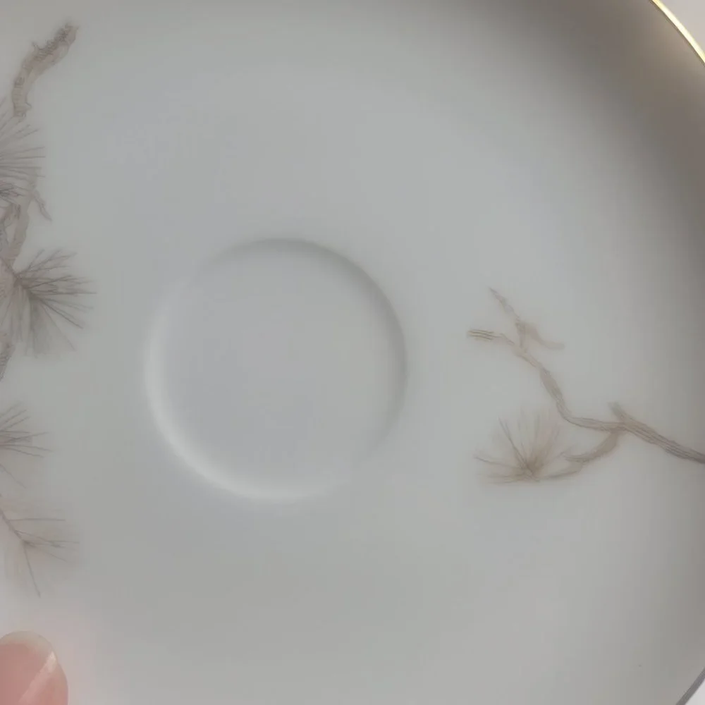 FOUR Sango Larchmont Cup & Saucer Sets White with Brown Pine Branch
